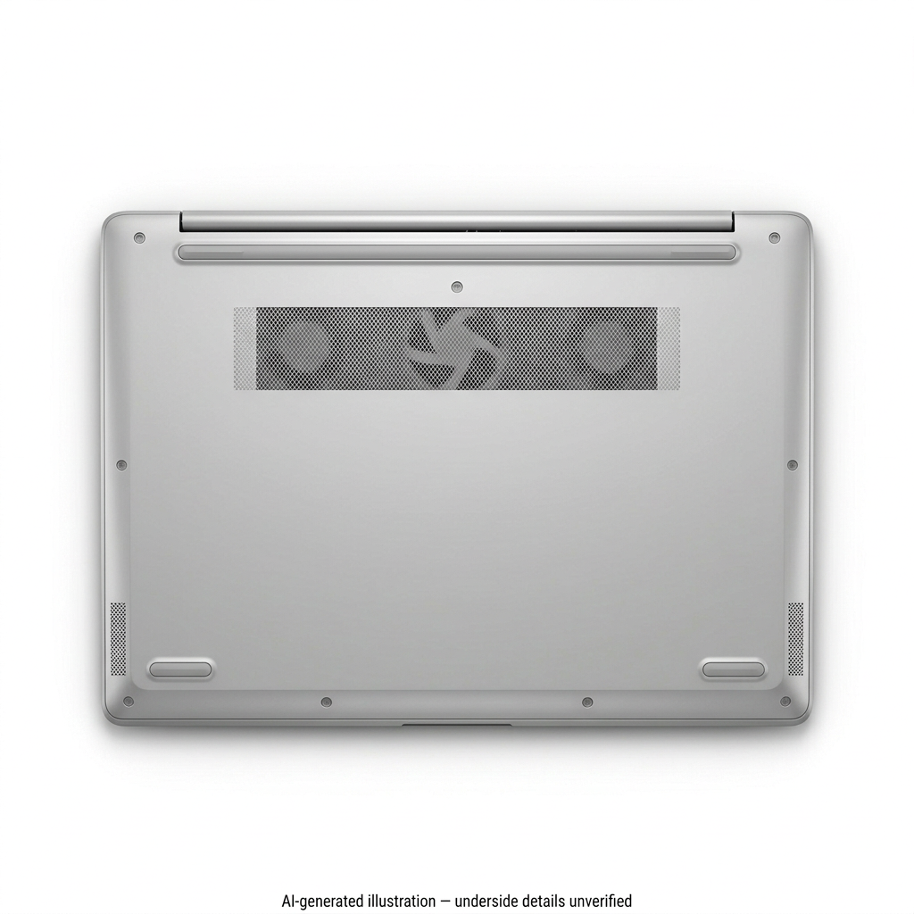 AI-generated representative laptop bottom view; underside details unverified