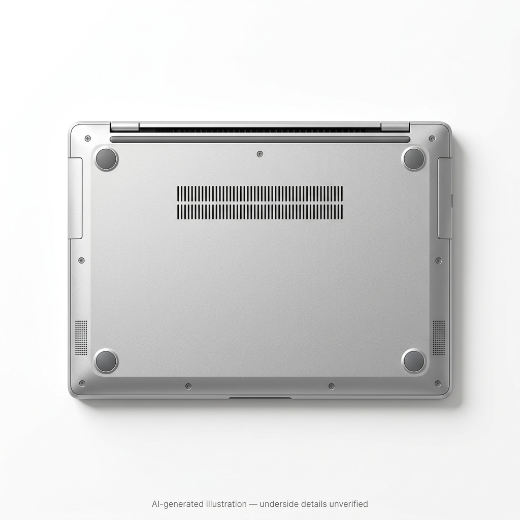 AI-generated representative laptop bottom view; underside details unverified