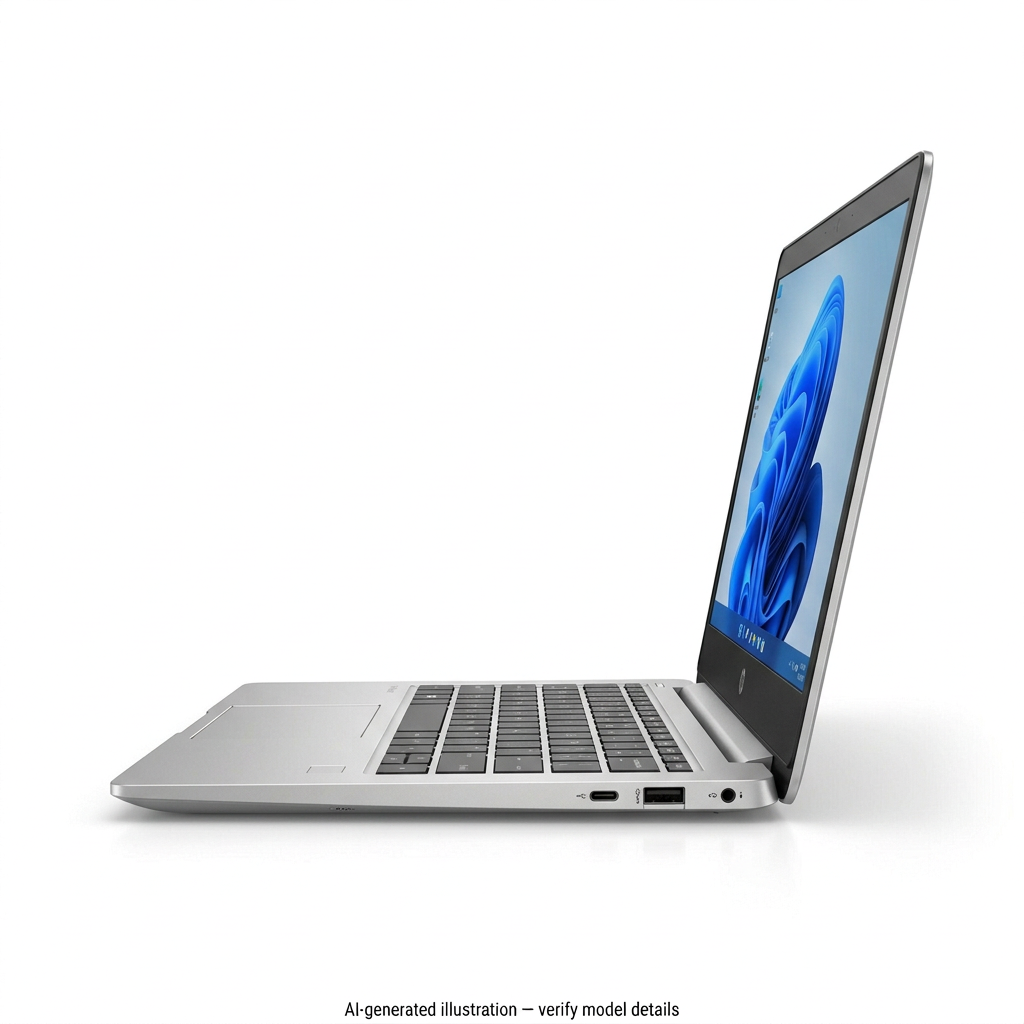 AI-generated representative laptop right view; hardware details unverified