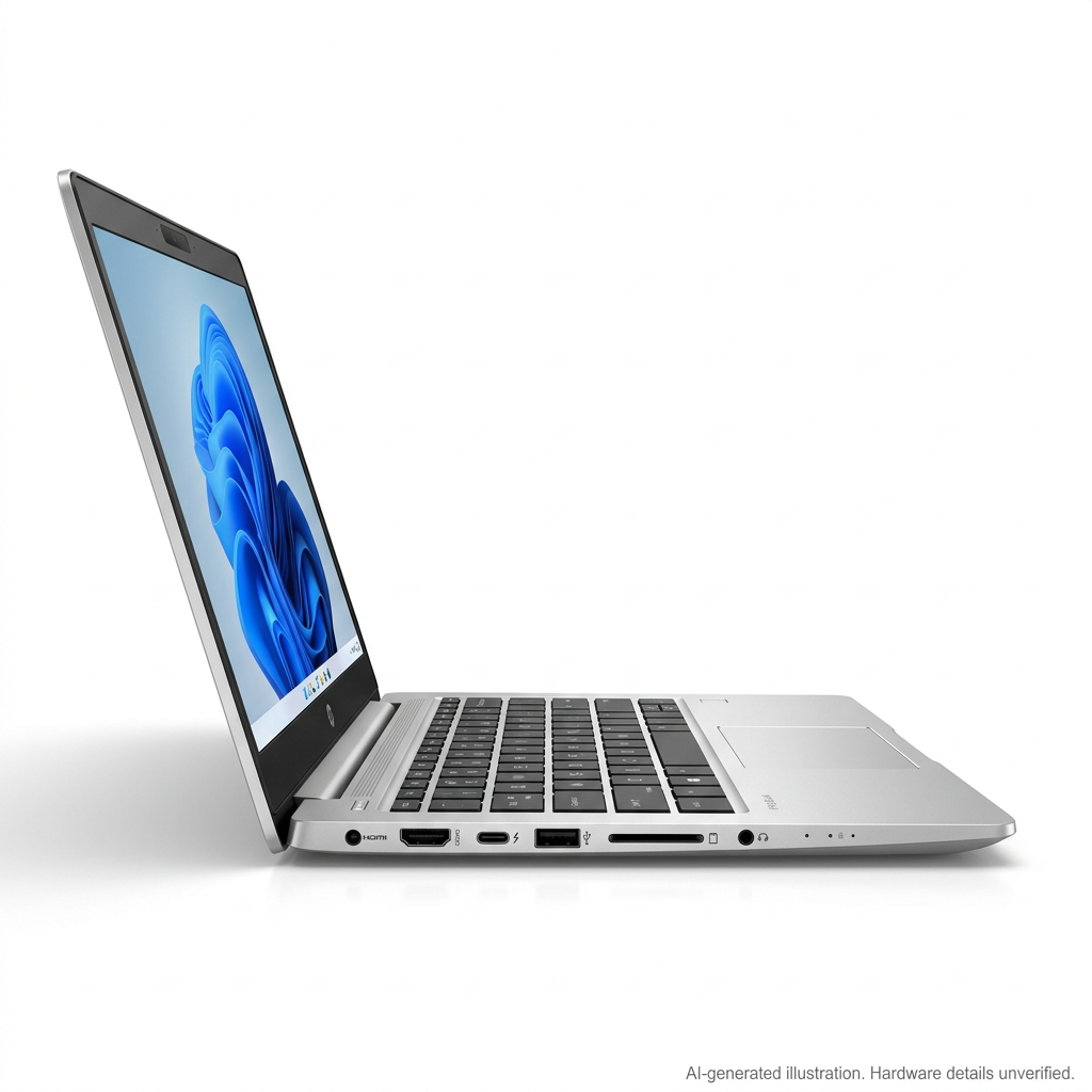 AI-generated representative laptop left-side view; hardware details unverified