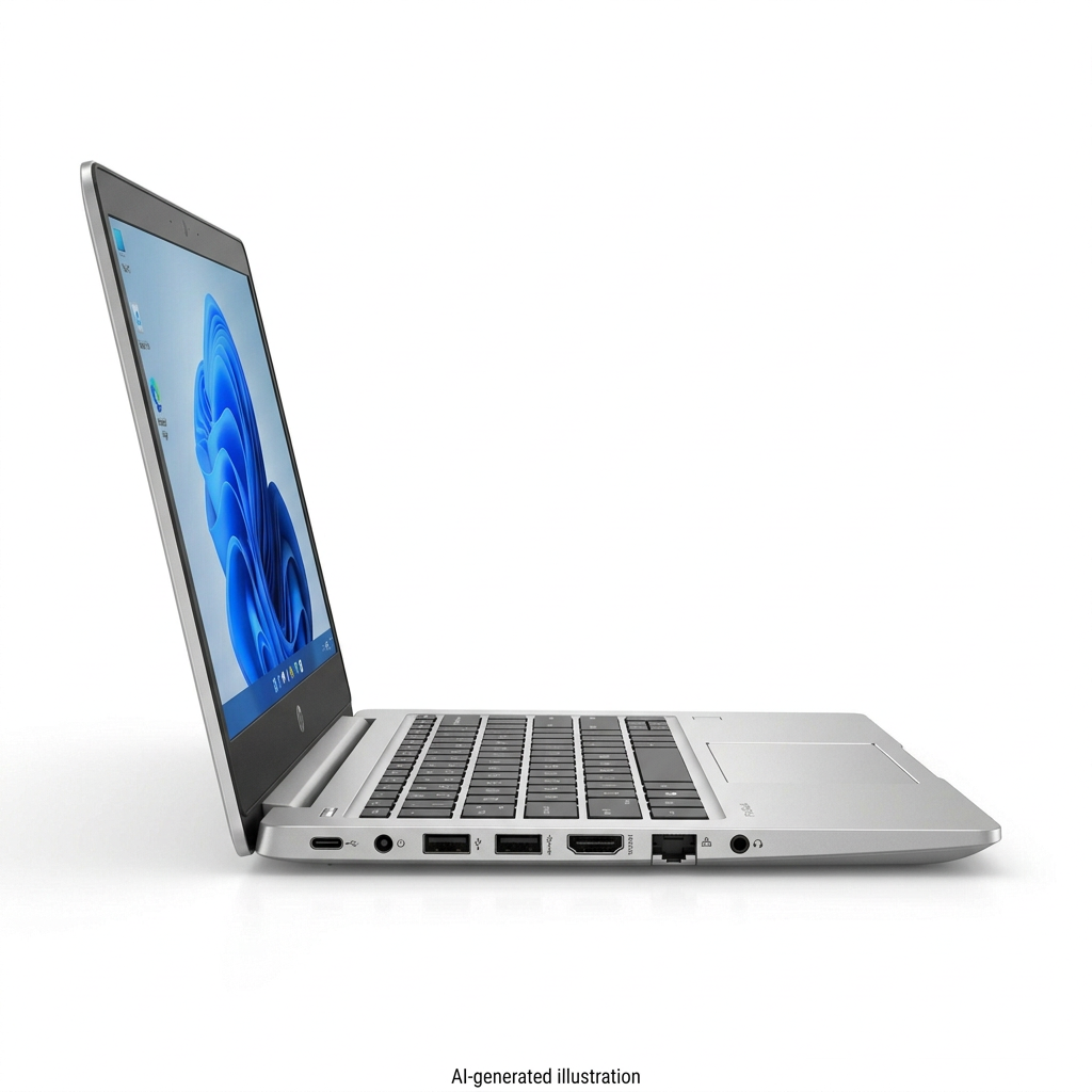 AI-generated representative laptop left view; hardware details unverified