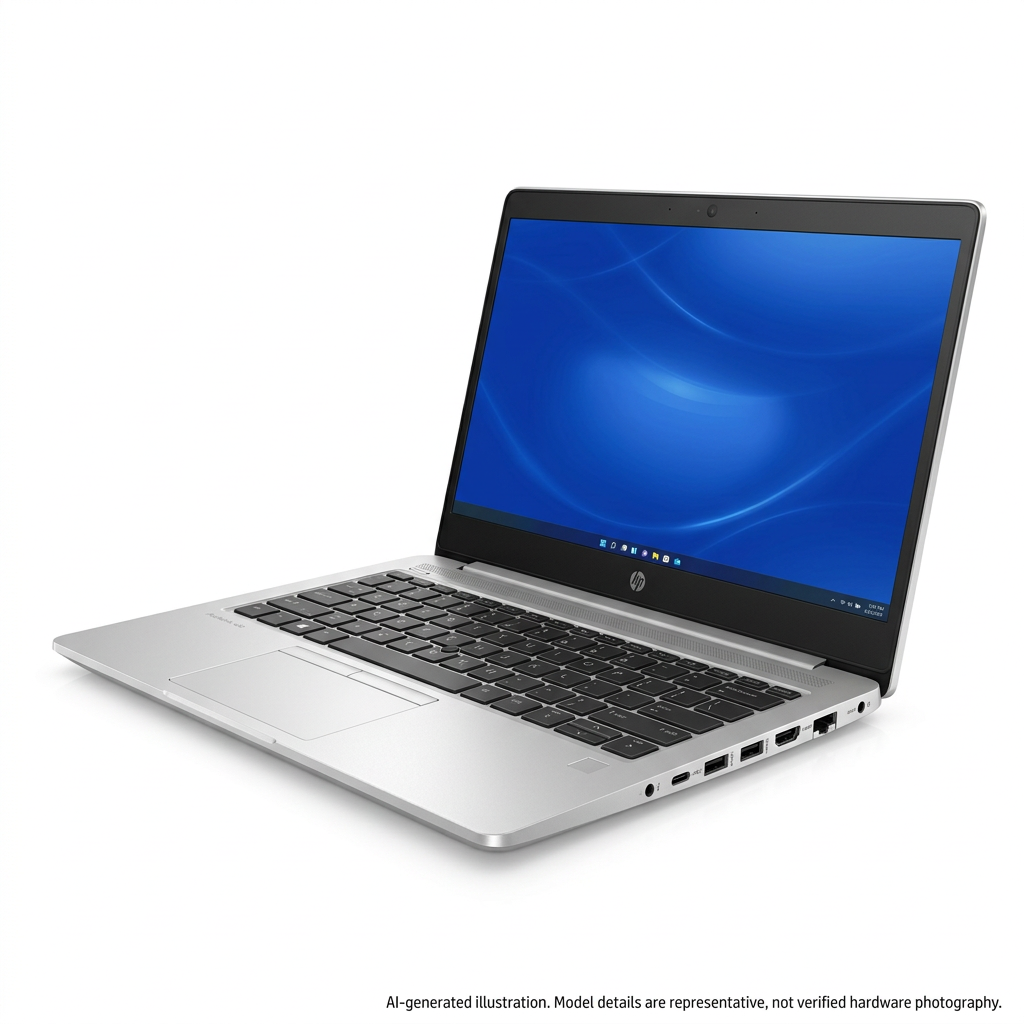 AI-generated representative laptop right three-quarter view; hardware details unverified